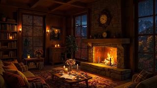 Rain Falls Outside the Autumn Cabin 🍂 Soft Jazz & Fireplace Sounds for Deep Sleep screenshot 4