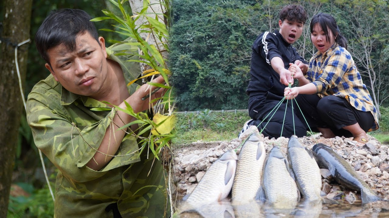 Mr. Chung and Tieu Nuong caught a large school of fish with their bamboo fishing rods.