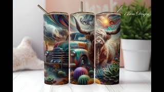 Highland Cow Western Sunflower 20 oz Skinny Tumbler Sublimation Design, Straight & Tapered Wrap