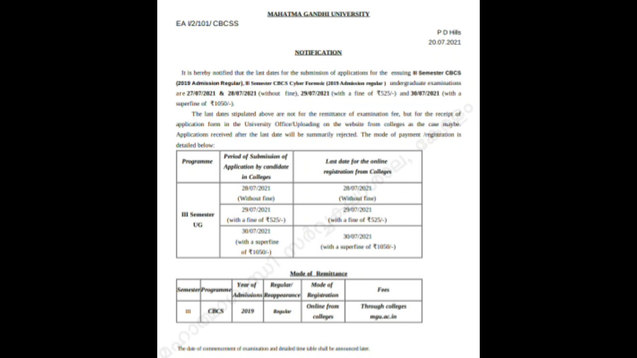 MG University.Rescheduled dates of exams.3rd sem degree cbcs regular exam fee notification(LISTEN)