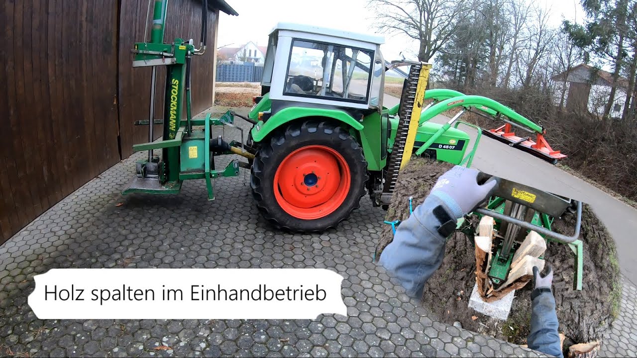 Holz spalten mit Stockmann und Deutz D4507 (Eigenbau Bündelgerät)