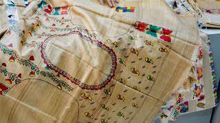 Indian Traditional Bhagalpuri Tussar Silk Madhubani Handpainting Unique Blouse Design sari#moheydesi screenshot 4