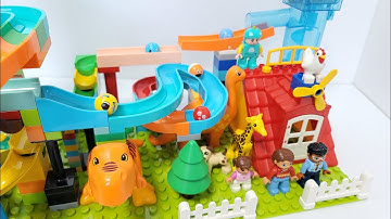 Satisfying Building Block coaster ☆ Marble Run ASMR Dinosaurs, Happy Family and Wooden Bridge Course