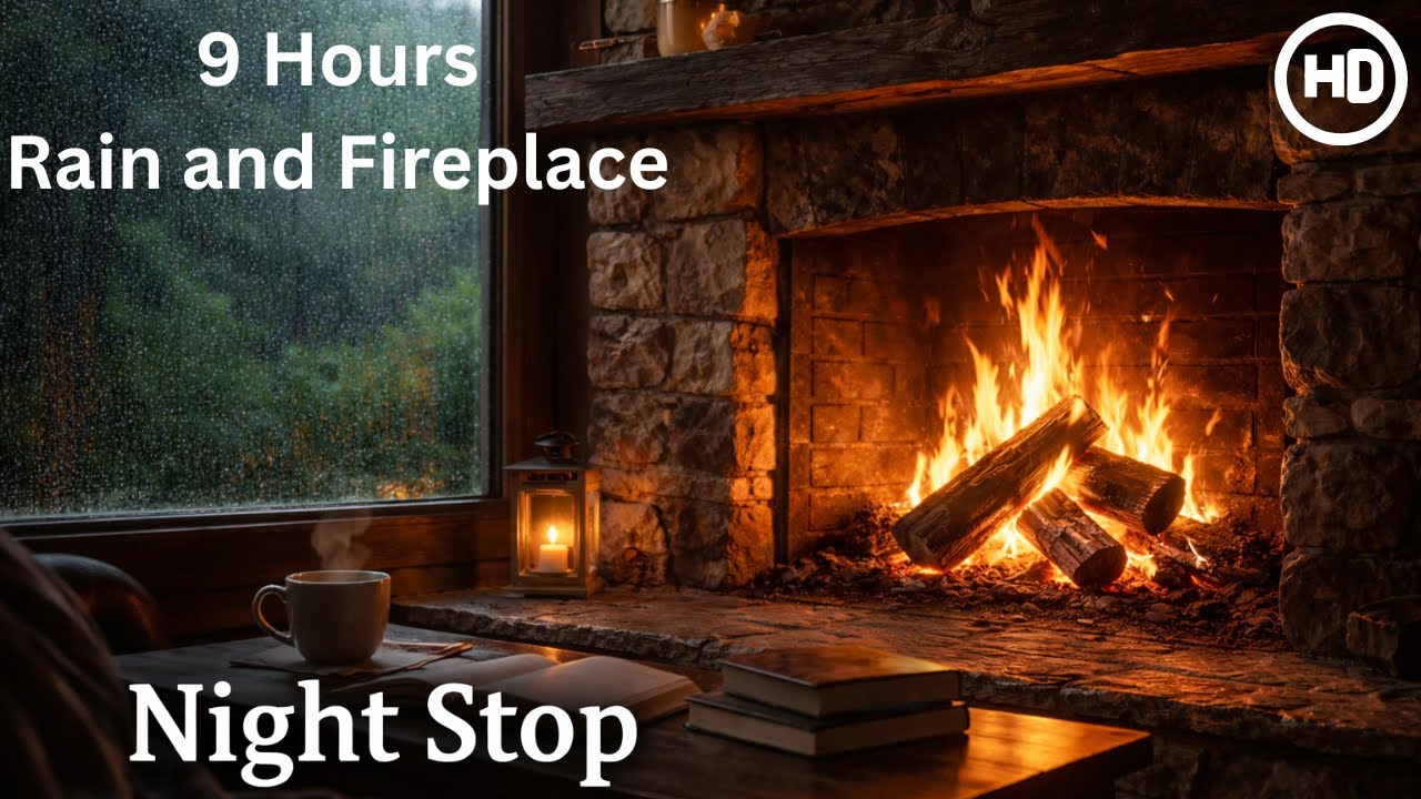 Night Stop on a Long Journey Fireplace Rain 9 Hours
