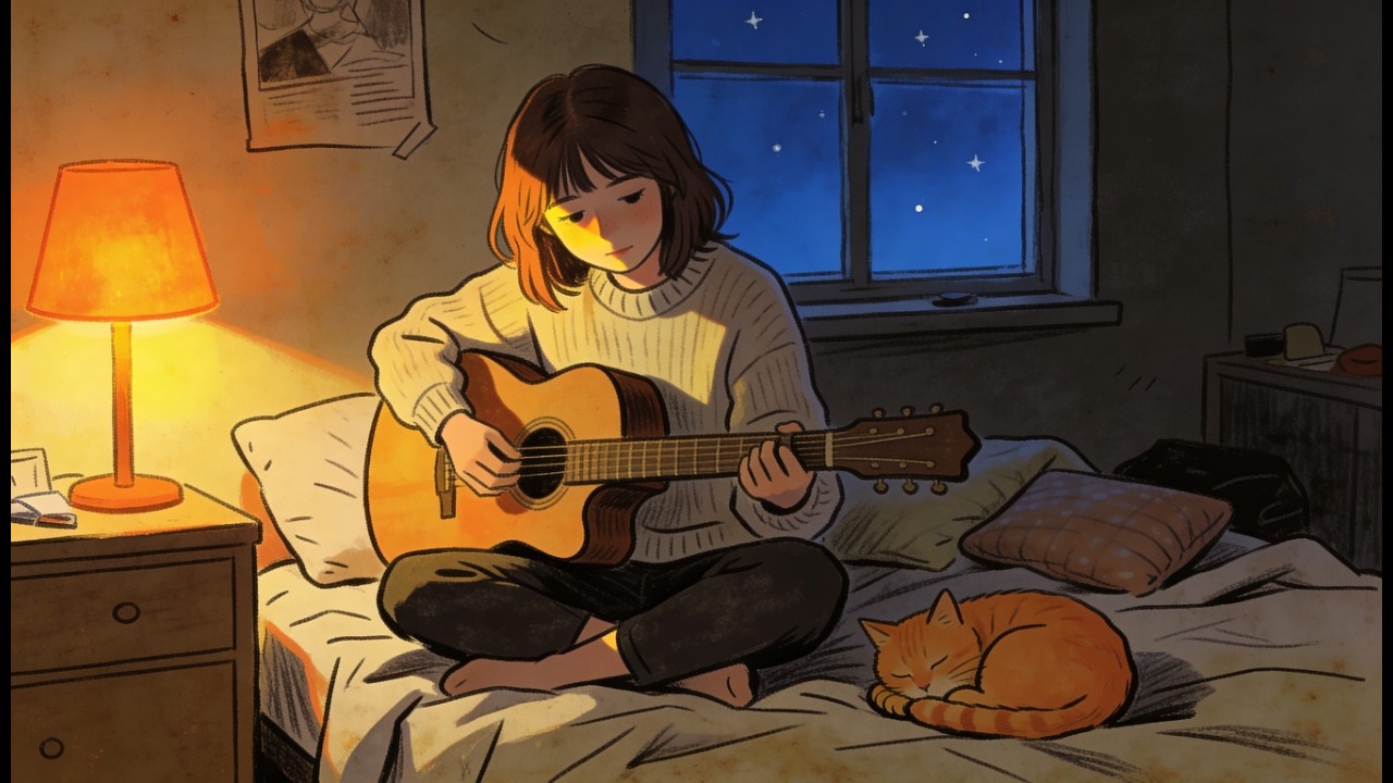 Soft Acoustic Guitar to Breathe & Let Go | Starry Night, Warm Lights & A Cat by Your Side