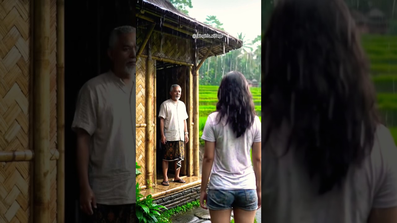 An old man greets a woman in the rain. 🌧 