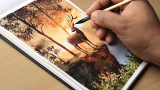Watercolor Painting Idea of Beautiful Forest Landscape Easy