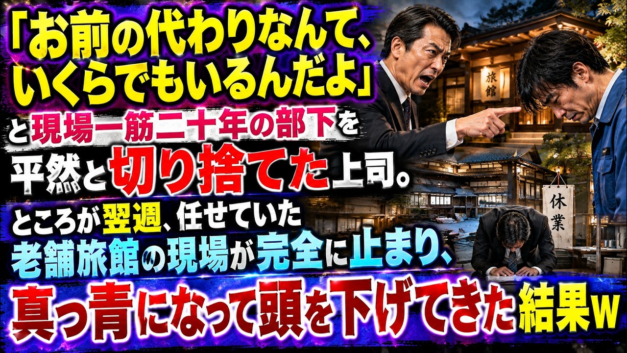 【スカッとする話】「お前の代わりなんて、いくらでもいるんだよ」現場一筋二十年の部下を平然と切り捨てた上司。ところが翌週、任せていた老舗旅館の現場が完全に止まり真っ青になって頭を下げてきた結果w【朗読】