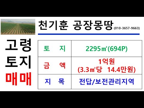 [경북고령토지매매] 경북 고령군 성산면 사부리 541/544-1-2295㎡(약694P)_1억원(P당14.4만원)#고령군토지매매#천기훈공장몽땅