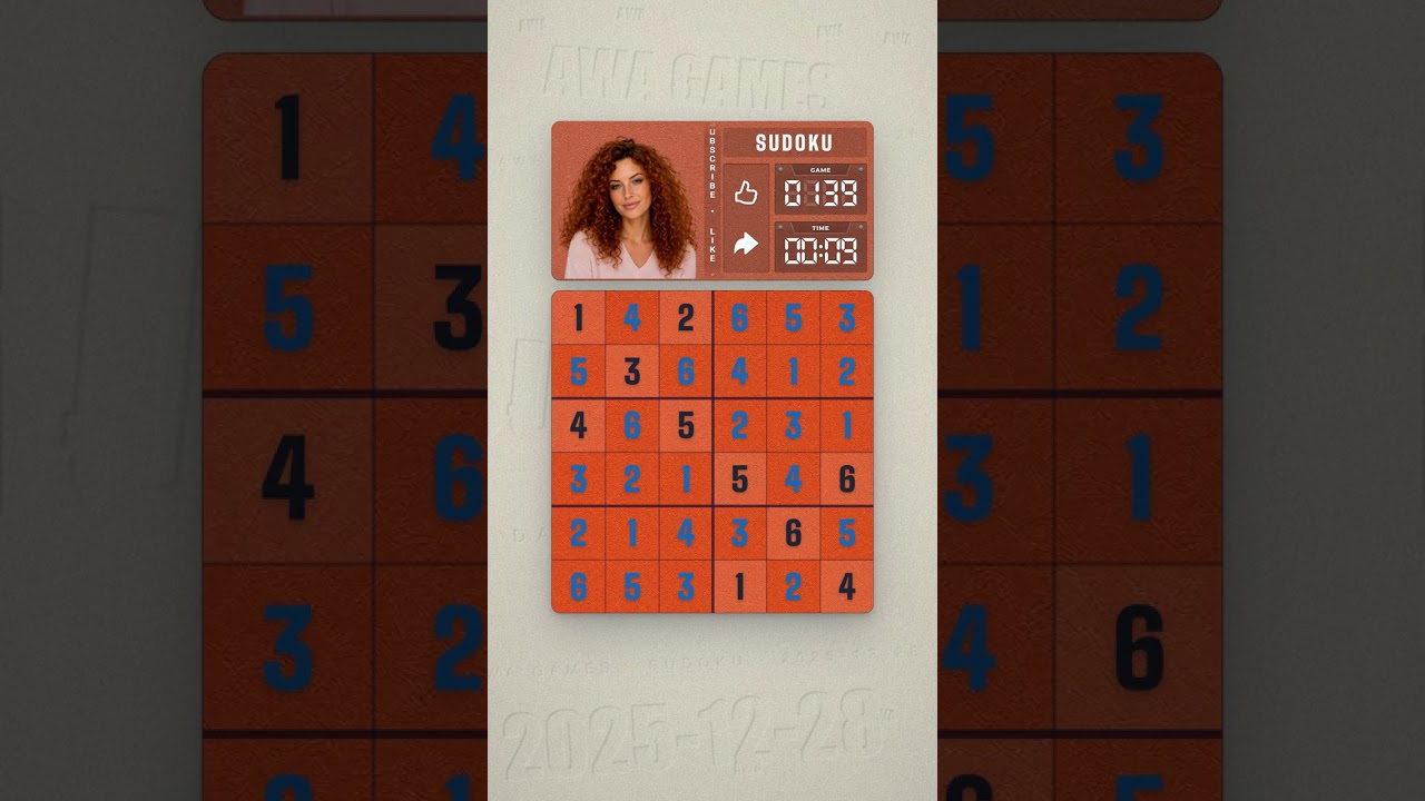 LinkedIn Mini Sudoku #139 solved board for December 28, 2025, 6x6 grid