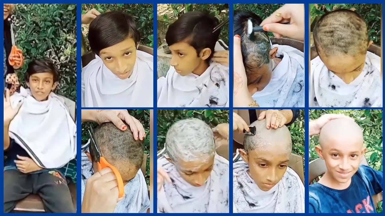 Милый и маленький индийский мальчик получает гладкое бритье от своих сестёр дома во время карантина