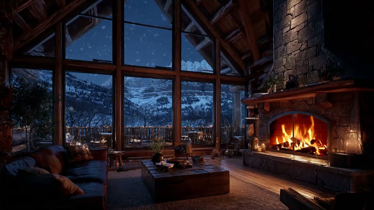 Cozy Mountain Cabin Ambience wi thCrackling Fireplace & Gentle Snow Sounds for Sleep