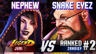 SF6 ▰ NEPHEW (Juri) vs SNAKE EYEZ (#2 Ranked Zangief) ▰ High Level Gameplay