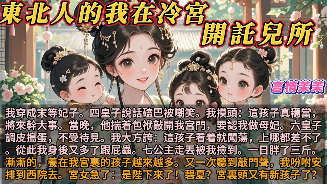 《東北人的我在冷宮開幼兒園》我穿成末等妃子。四皇子說話磕巴被嘲笑。我摸頭：這孩子真穩當，將來幹大事。當晚，他要認我做母妃。六皇子調皮搗蛋。我誇他：這孩子看着就闖蕩，上哪都不差。從此我身後又多了個跟屁蟲