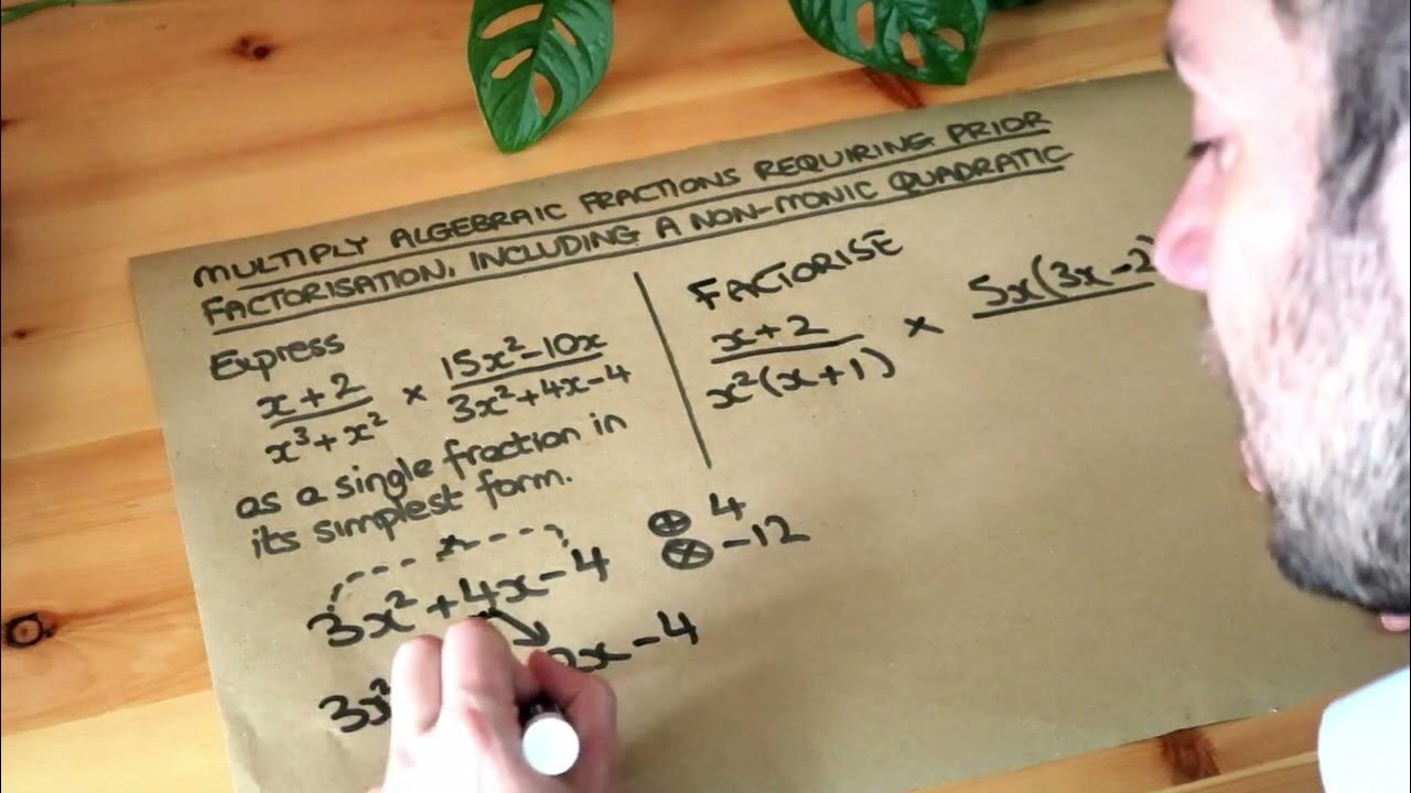 Multiply algebraic fractions requiring prior factorisation, including a