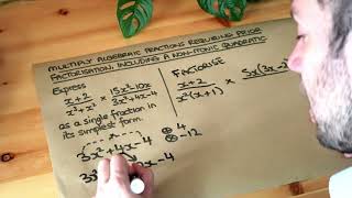 Multiply algebraic fractions requiring prior factorisation, including a non-monic quadratic.