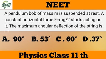 A pendulum bob of mass m is suspended at rest . A constant horizontal force F = mg/ 2 starts acting