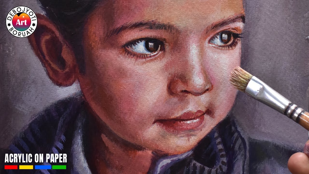 Face Portrait Painting with Acrylic | Boy Portrait Painting on Paper by ...