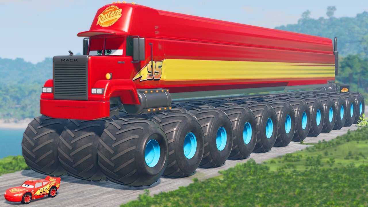 GIANT Long Mack Truck with WIDE MONSTER TRUCK Wheels vs Big & Small Lightning McQueen | BeamNG.Drive