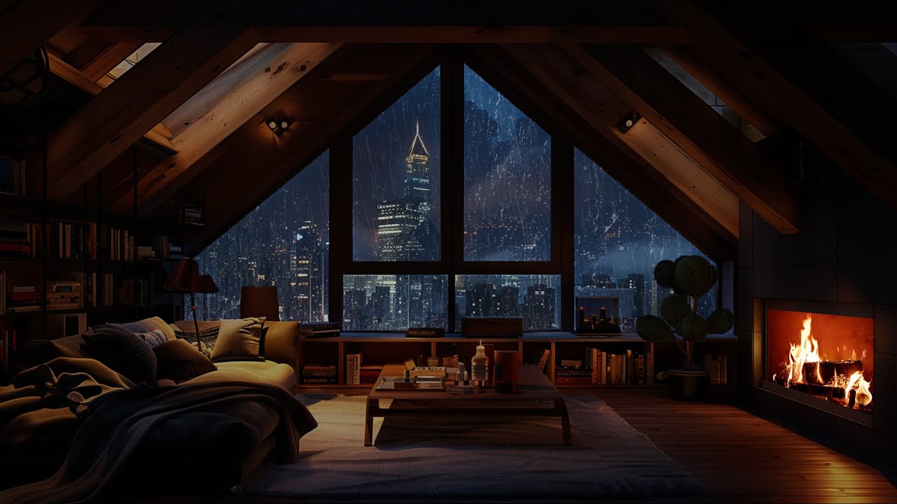 Soft Night Rain & Crackling Fireplace | A Cozy Haven for Gentle Calm and Rest