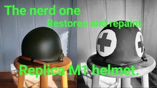 Repainting a replica M1 helmet into an accurate ww2 medics helmet.