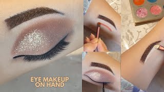 Eye makeup for hand | brown and gold eye makeup | easy steps eye makeup on hand | eye makeup on hand