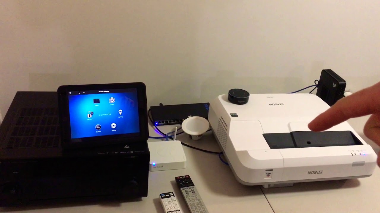 Boardroom voice control with Echo Dot, Control4, Epson laser projector and Yamaha receiver.