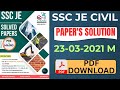 SSC JE PRE CIVIL 23 MARCH 2021 Morning  Paper Solution With Pdf SSC JE PYQ Solution