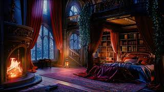 Nighttime Thunderstorm in this Cozy Castle Room with Rain and Fireplace Sounds to Sleep Profoundly
