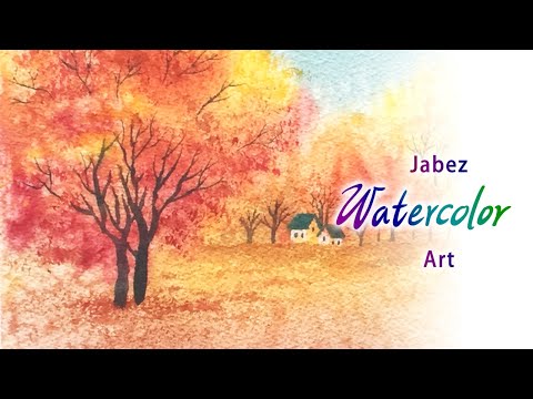 浪漫風景水彩畫《水彩秋景-楓葉樹》Watercolor autumn - maple tree | 水彩画の秋の風景-カエデの木 | 수채화 가을 풍경 단풍 나무 《DIY彩繪系列 #47》