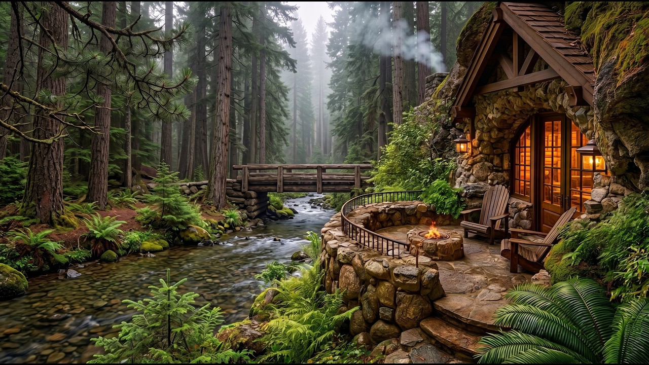 Cozy Forest Cabin by the Stream 🌿 Soft Water Sounds & Birds Singing for ...