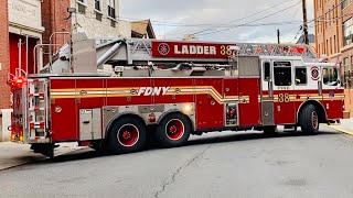 FDNY LADDER 38 RESPONDING FROM QUARTERS ON BELMONT AVENUE IN BELMONT AREA OF THE BRONX IN NEW YORK.