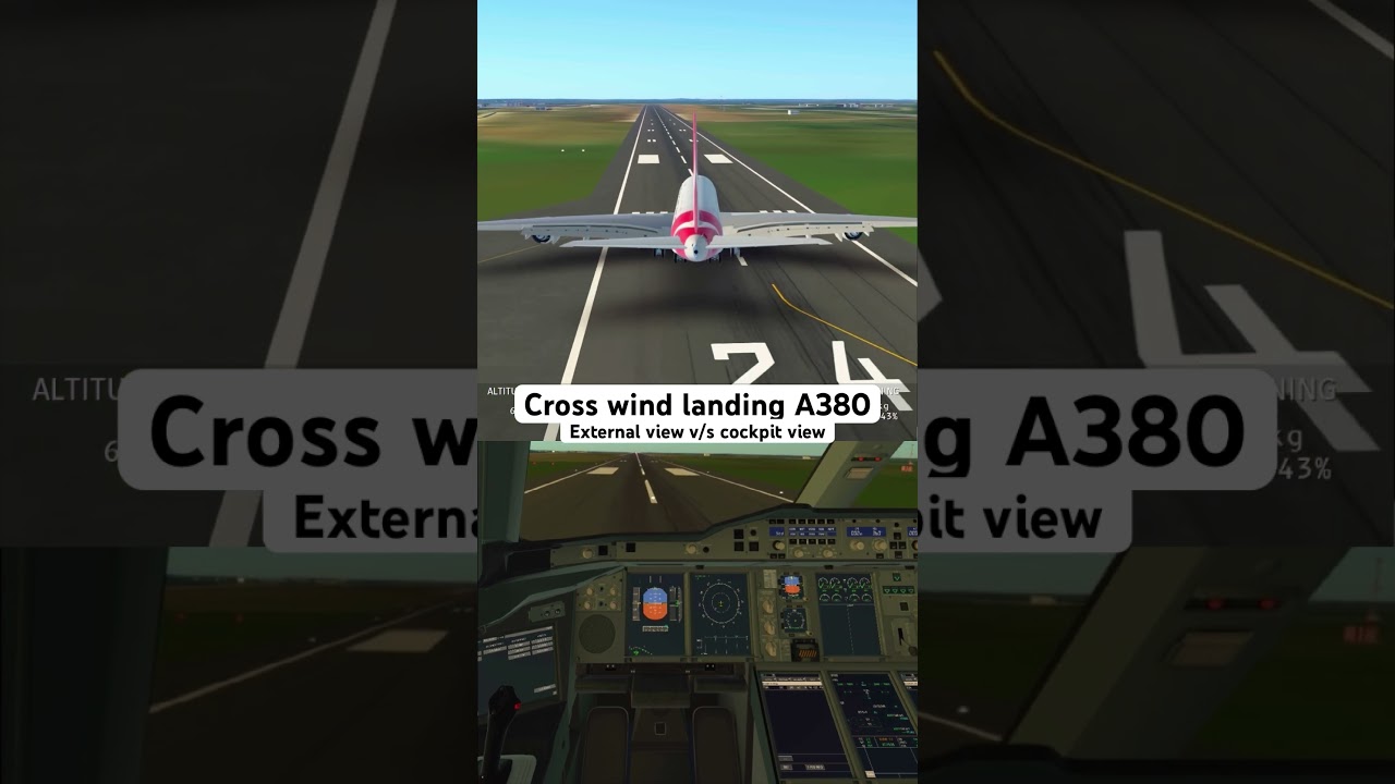 Посадка Airbus A380-800 при боковом ветре | внешний вид / вид из кабины | бесконечный полет