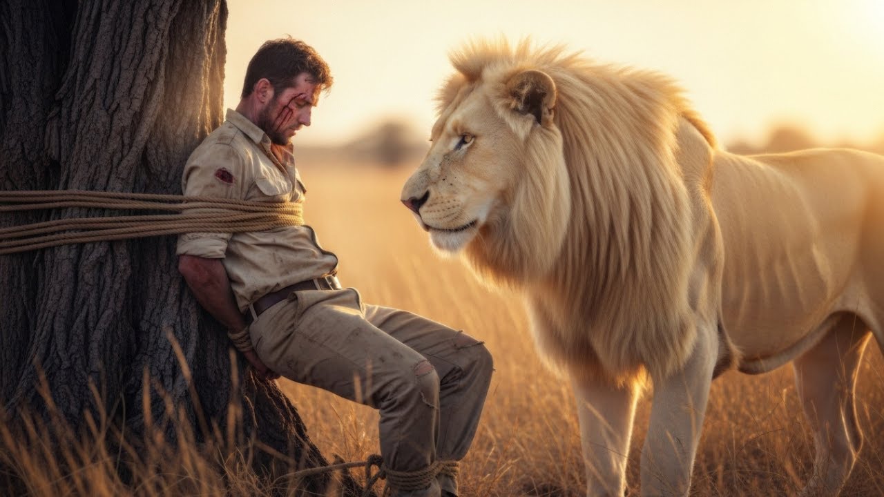 Leão branco selvagem encontra homem amarrado em árvore  - O que acontece em seguida vai chocar você