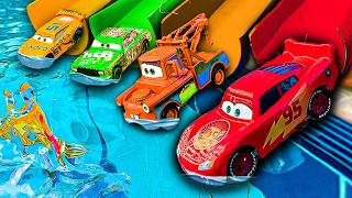 Disney Pixar Cars falling into deep pool, Lightning McQueen, Tow Mater, Mack, Sally, Francesco
