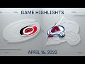 NHL Highlights | Hurricanes vs. Avalanche - Apr 16, 2022