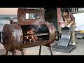 Lin Guoer creating a multi-functional barbecue grill from a used water tank.