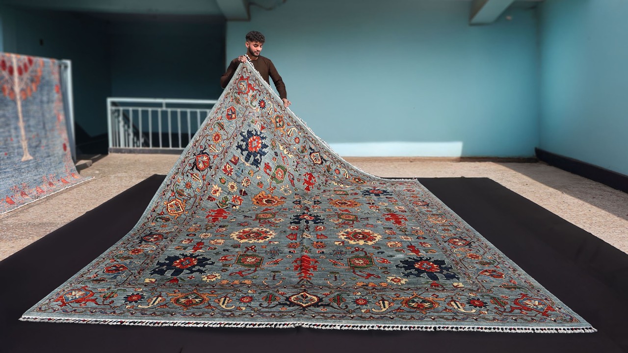 Oushak Floral – Authentic Afghan Hand-Knotted Rug (9x12 Steel Blue)