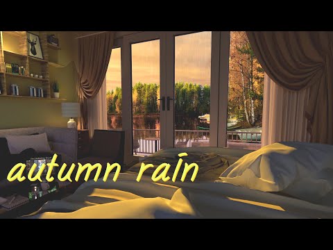 Cozy Ambience Bedroom - Rain Falling on the Autumn Lake where the Sunset - 10 Hours |  Study,Sleep