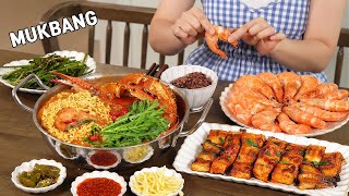 Mukbang :) seafood table(crab stew, spicy grilled eel, steamed shrimp), Dessert is watermelon.