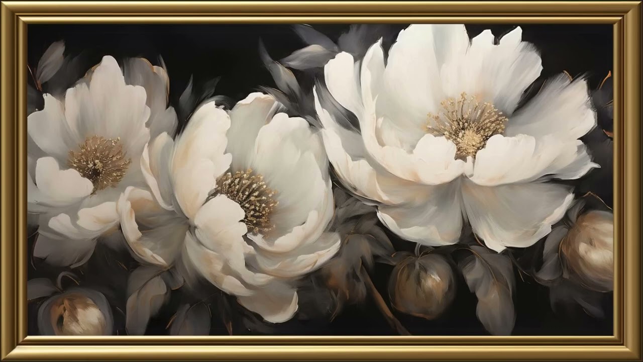 Vintage White Peonies Painting   Gold Frame TV Art   Art Screensaver for TV   1 Scene - 2 Hrs