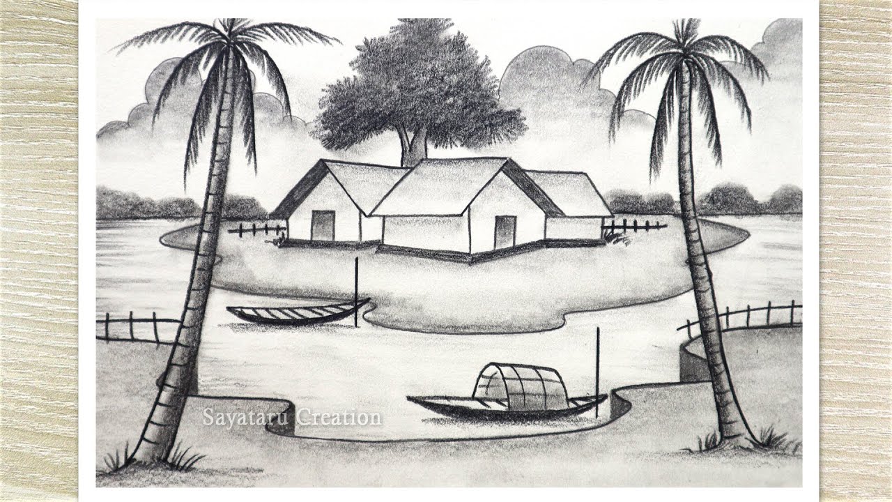 Beautiful Village Scenery Drawing pencil sketch very easy ।। nature scenery  drawing pencil sketch ।। Drawing by Anjum | Beautiful Village Scenery  Drawing pencil sketch very easy ।। nature scenery drawing pencil