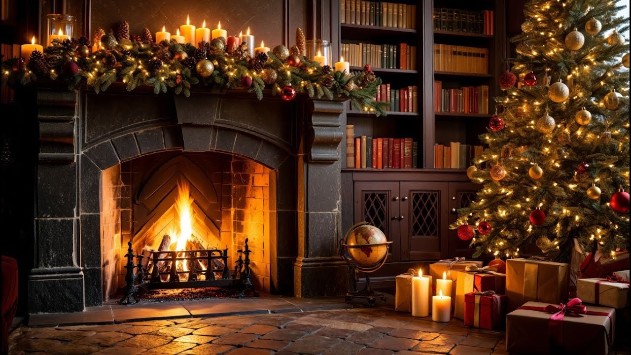 MAGICAL CHRISTMAS NIGHT ATMOSPHERE 🎄 COZY ROOM, FIREPLACE SOUNDS & SOFT PIANO 😴