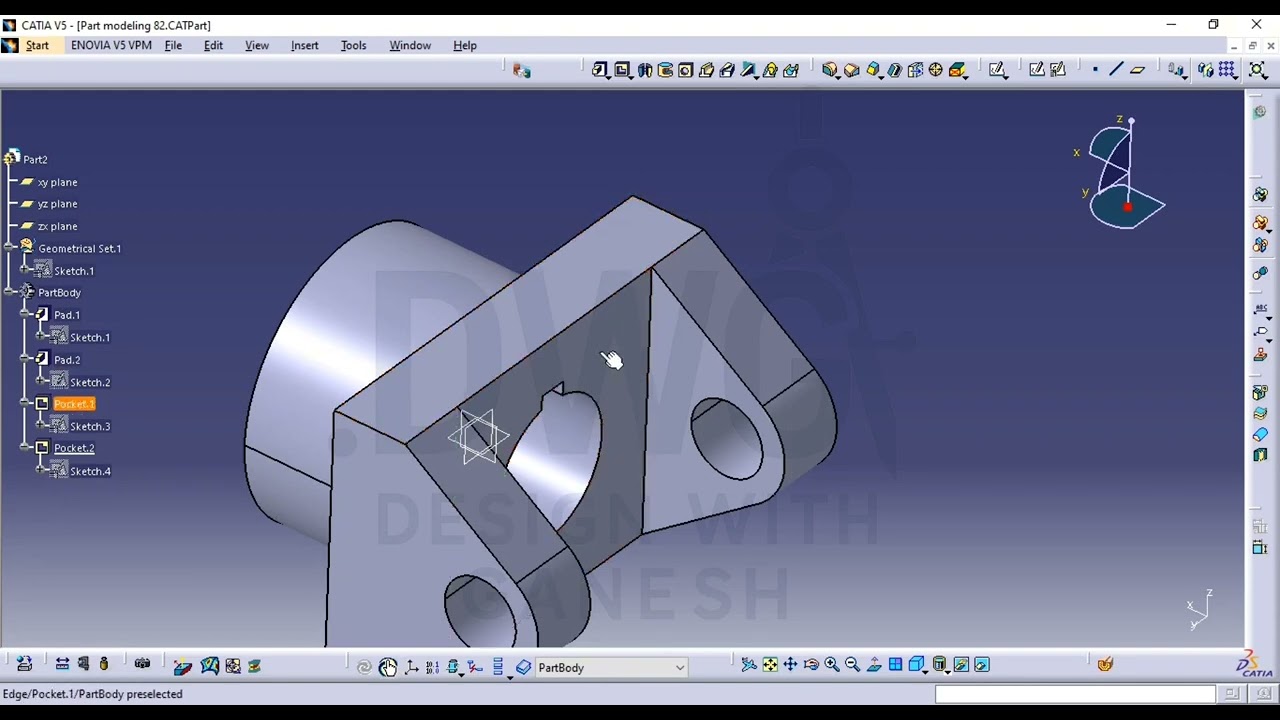 Catia- Main interface, specification tree, compass, planes, axis system,