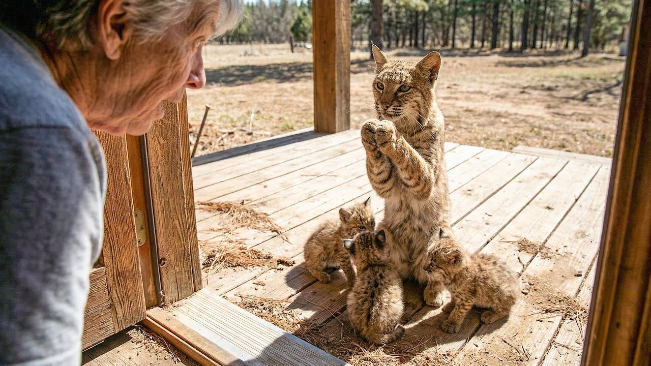 Голодная рысь приводит своих детенышей к двери пожилой женщины в поисках еды | Фильм о спасении ж...
