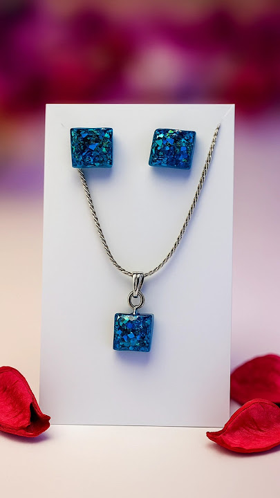 Resin Jewelry Set 😍 Elegant Blue Glitter Square Pendant Necklace 😍 Stud Earrings for Women 😍