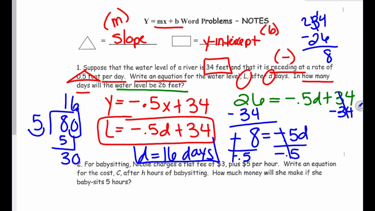 Y Mx B Word Problems Worksheet Answer Key