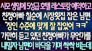 (반전 사연) 시모 생일에 5성급 호텔 레스토랑 예약하고 친정아빠 칠순에 시장횟집 잡은 남편 가만히 듣고 있던 친정아빠가 무언가를 내밀자 남편이 바닥을 기며 싹싹 비는데/사이다사연