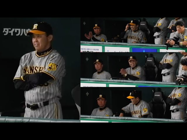 どんでんスマイル】阪神・岡田監督、ベンチでニコニコしながらサインを