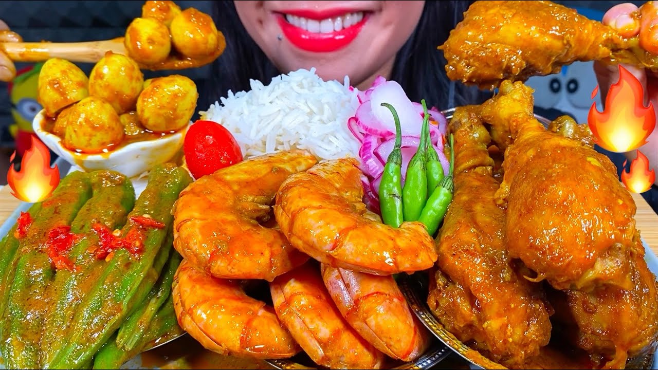 ASMR SPICY CHICKEN CURRY, PRAWN CURRY, EGG CURRY, OKRA CURRY, RICE MUKBANG MASSIVE Eating Sounds